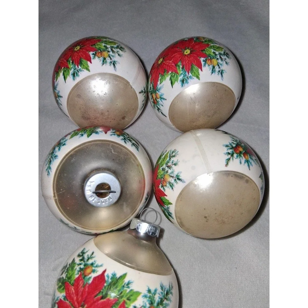 Vintage Made in USA Poinsettia Christmas Ball Ornaments Set of 5 3